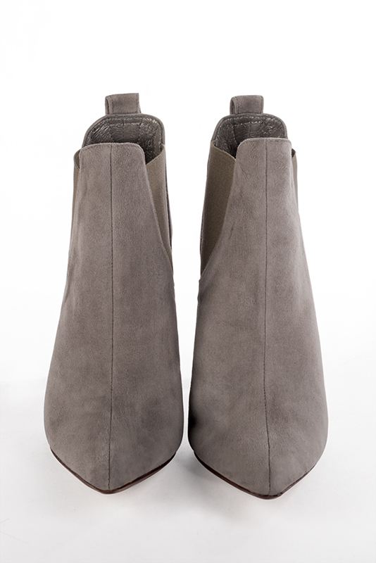 Bronze beige and taupe brown women's ankle boots with buckles. Tapered toe. Very high spool heels. Top view - Florence KOOIJMAN
